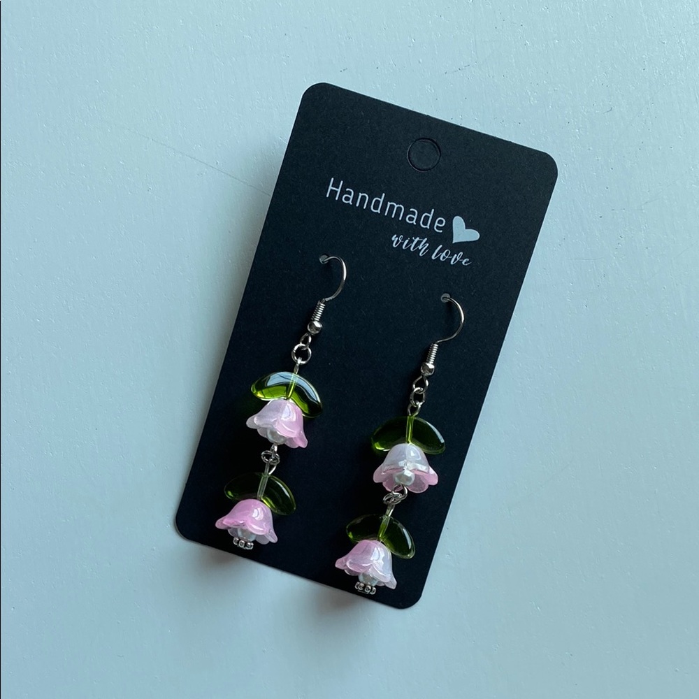 Pink and Green Flower Earrings